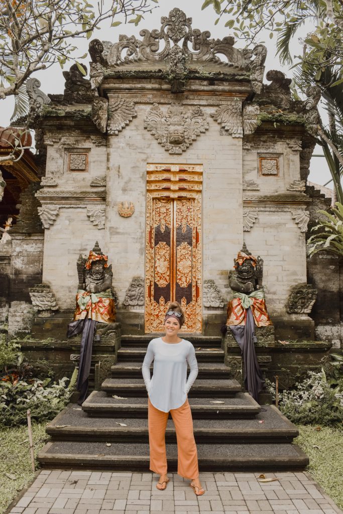 Annie Miller in front of a temple in Ubud Bali 