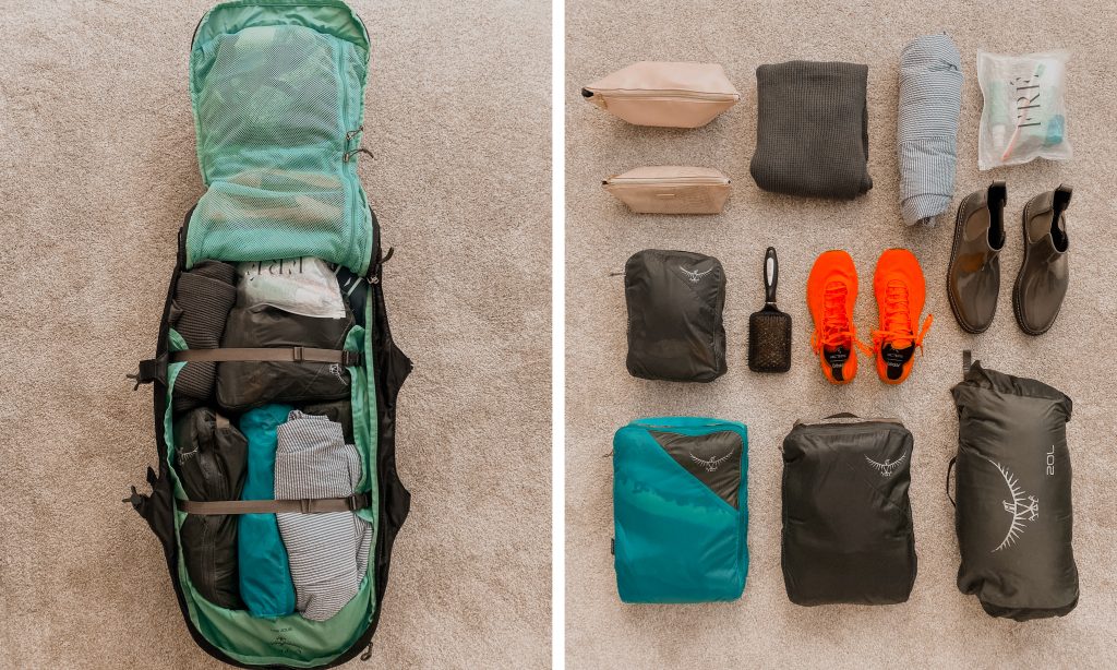 osprey bag packed for world travels
