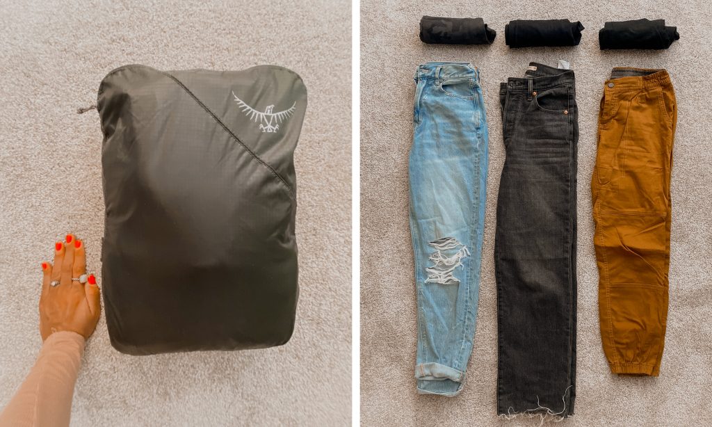 pants and leggings for world travel with gray packing cube