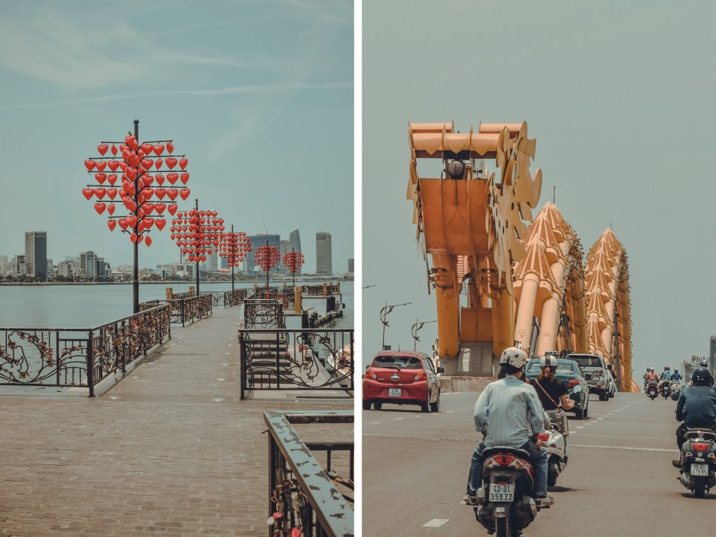 On Dragon bridge and love pier outside Hoi An vietnam