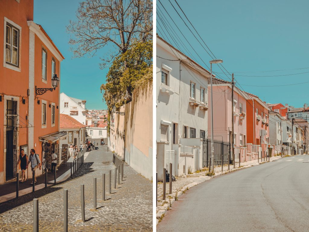 Cobblestone streets and colorful buildings in Lisbon, Portugal 