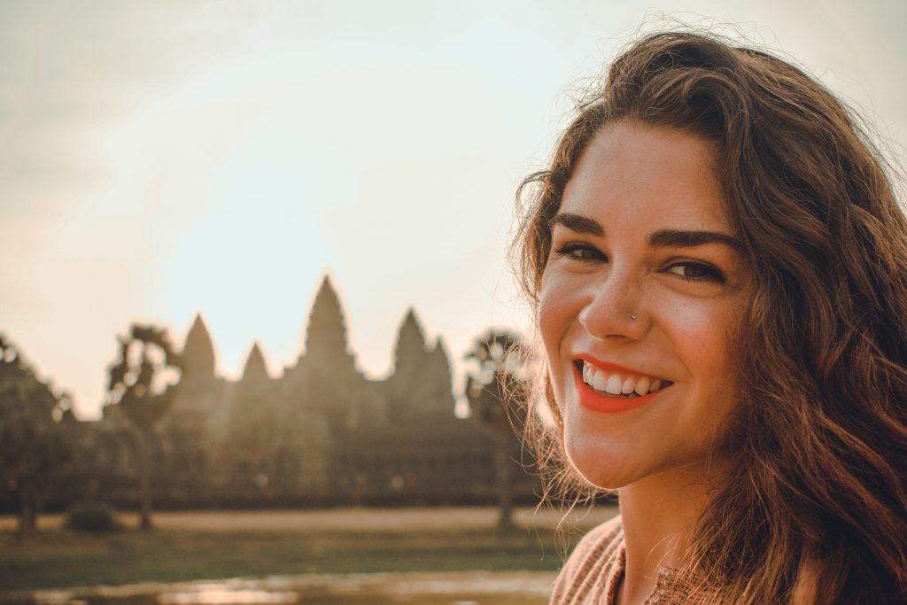 Annie Miller at Angkor Wat at sunrise