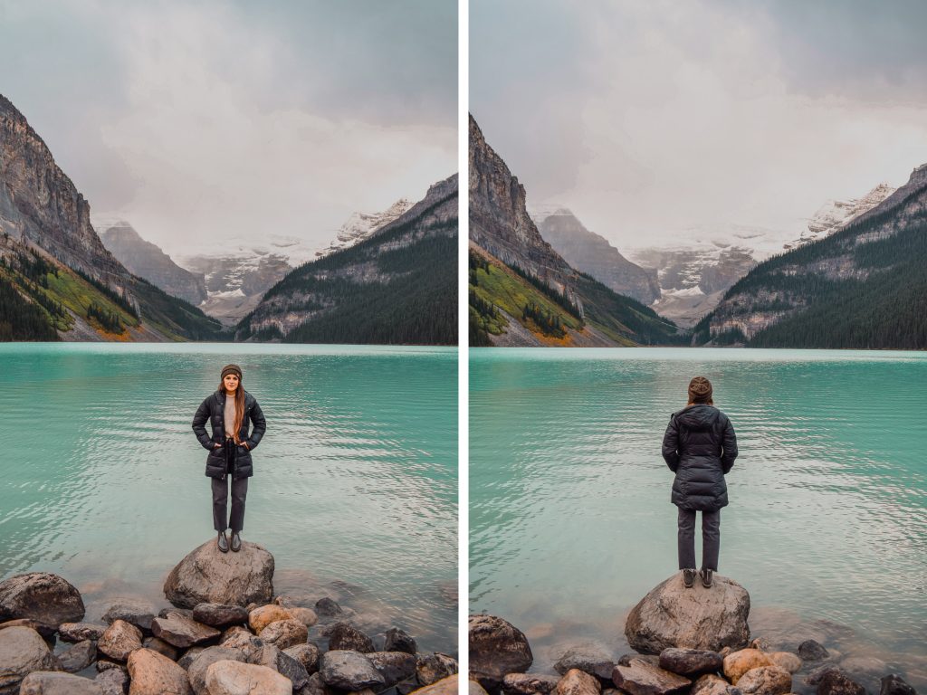 Annie Miller on "the rock" at Lake Louise in Banff Travel Guide