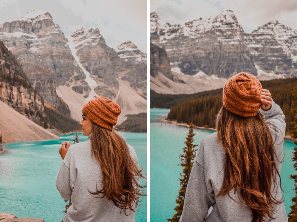 Annie Miller enjoying views at Moraine Lake in Banff Canada