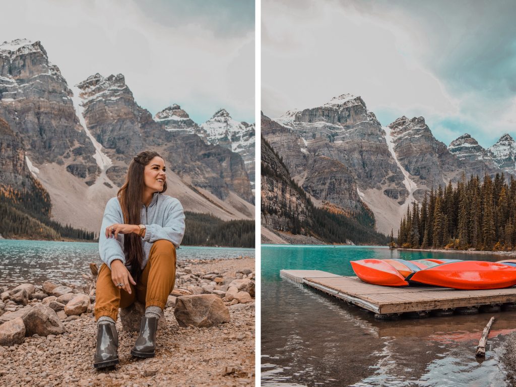 Annie Miller visiting Moraine Lake and canoe dock in Banff Canada Guide 