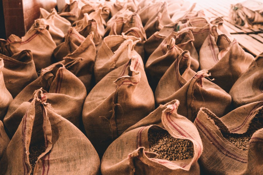 bags of coffee beans in Colombia with Annie Miller