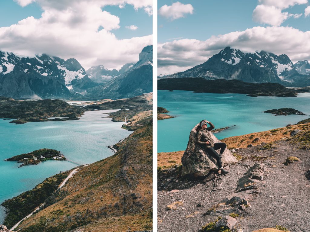 Annie Miller with views of Torres del Paine after hiking Mirador Condor