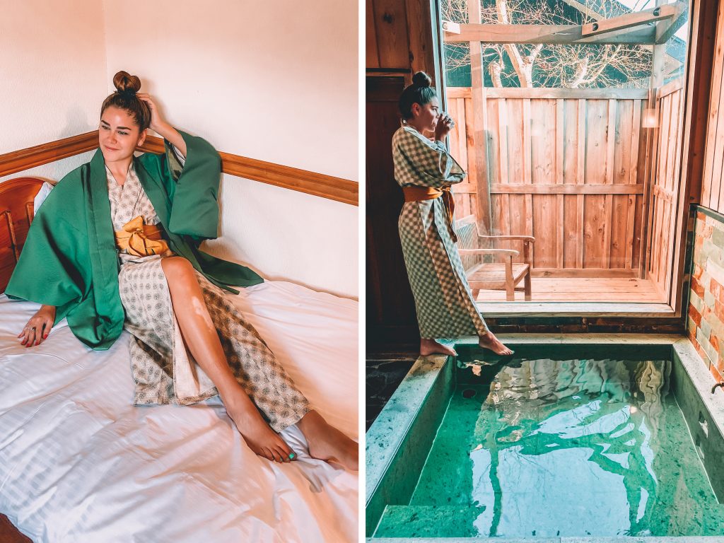 Annie Miller enjoying the private Onsen baths in Nikko Japan