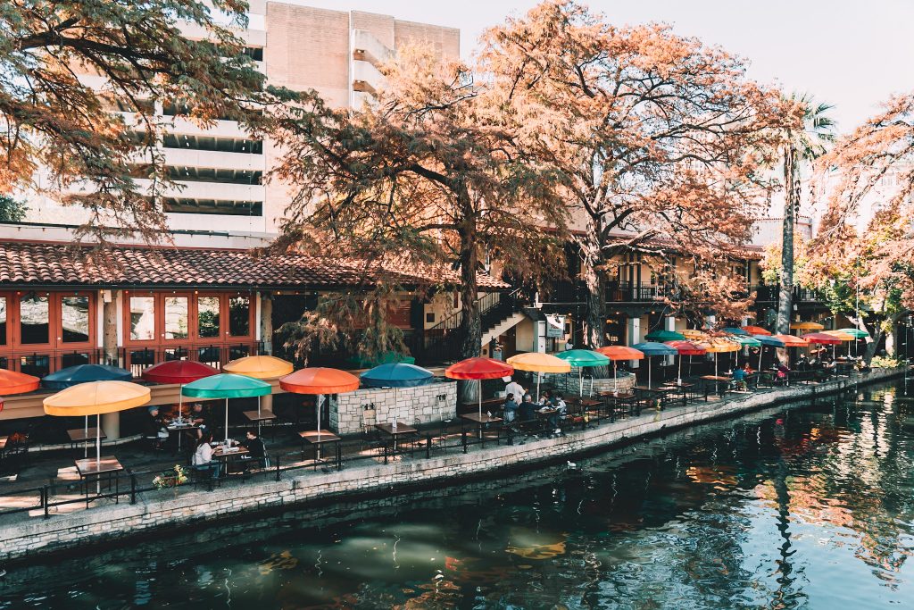 Colorful umbrellas along the River Walk in San Antonio