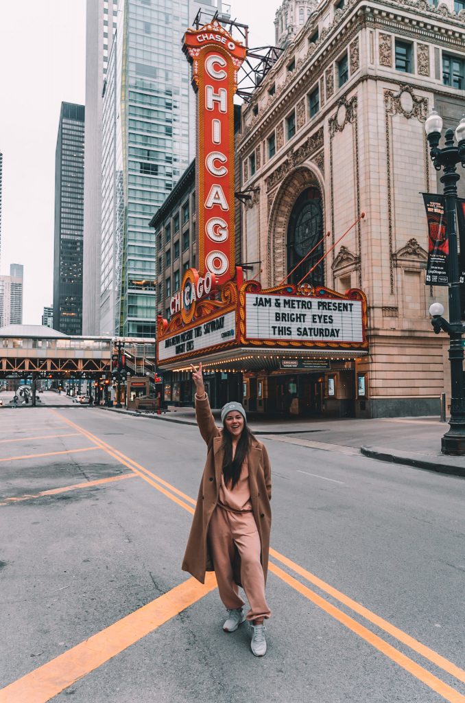 Annie Miller in front of Chicago theatre